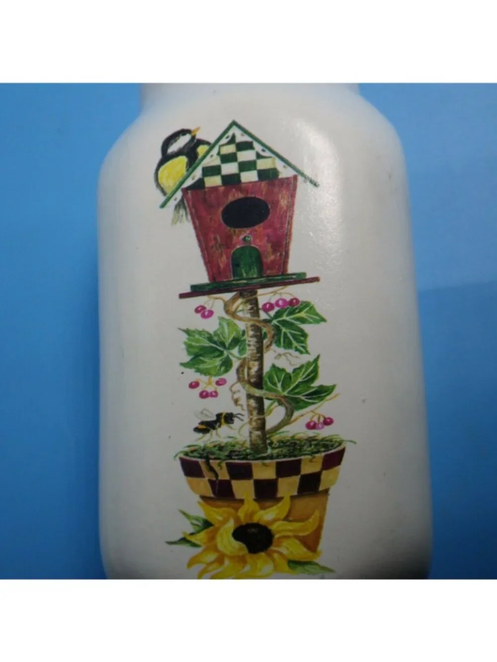 Hand Painted Ceramic Vase Birdhouse Garden Design Cottage Farmhouse Milk White